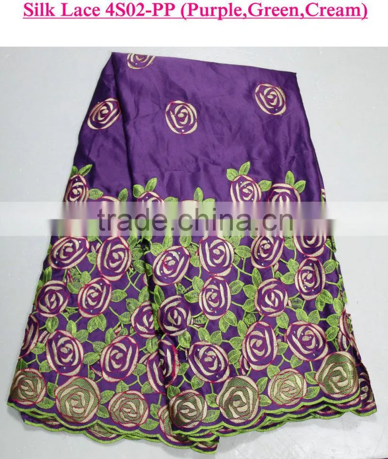 New arrival purple silk lace /fashion flowers design soft cotton fabric for wedding party dress