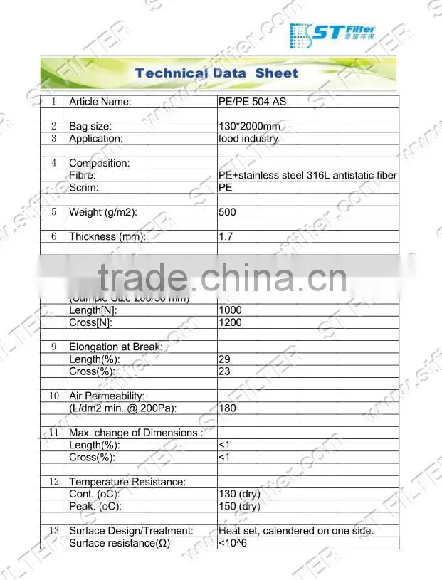 Dia130*2500mm,antistatic filter bag for food industry