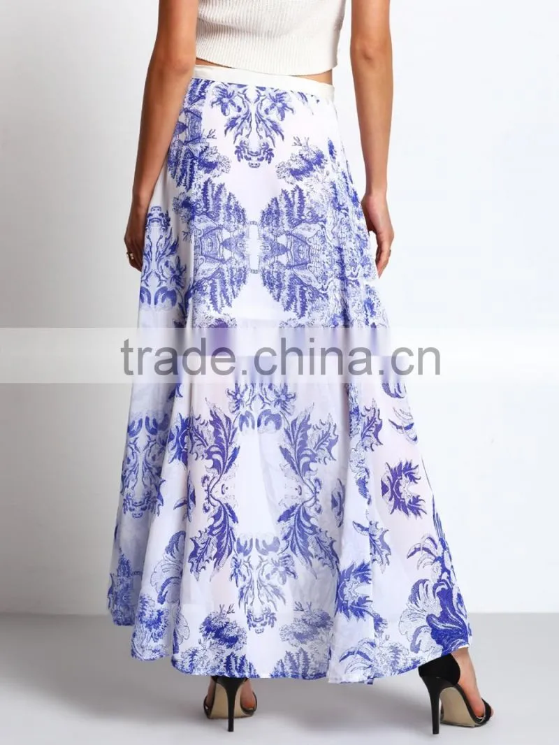 garment factory women print high cutting flowy long maxi skirt 2016