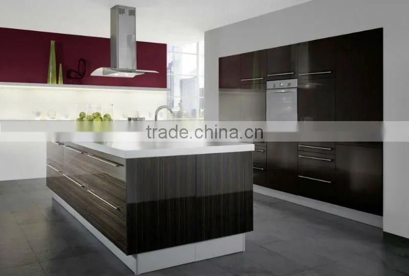 High glossy wooden color Melamine kitchen cabinets
