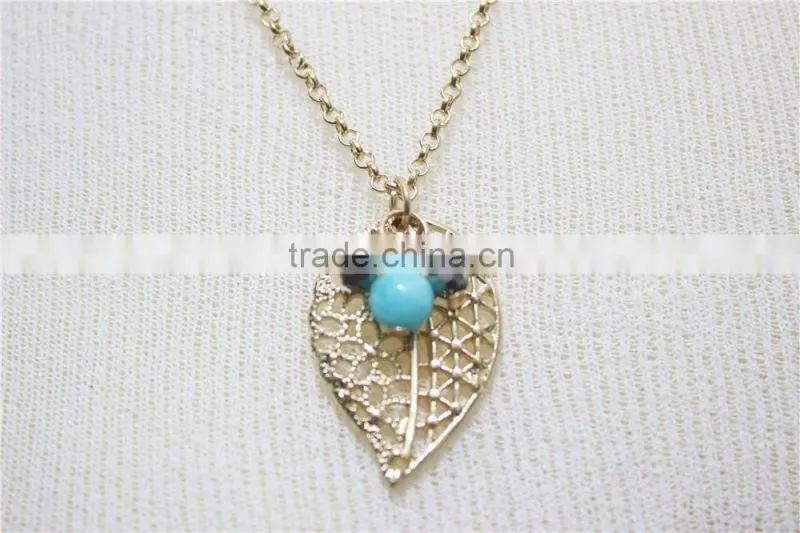 Gold Leaf w/ Pink Turquoise Pendant Necklace Goldtone Triple Necklace Satellite Chain Necklace 2016 Fashion Style Wholesale