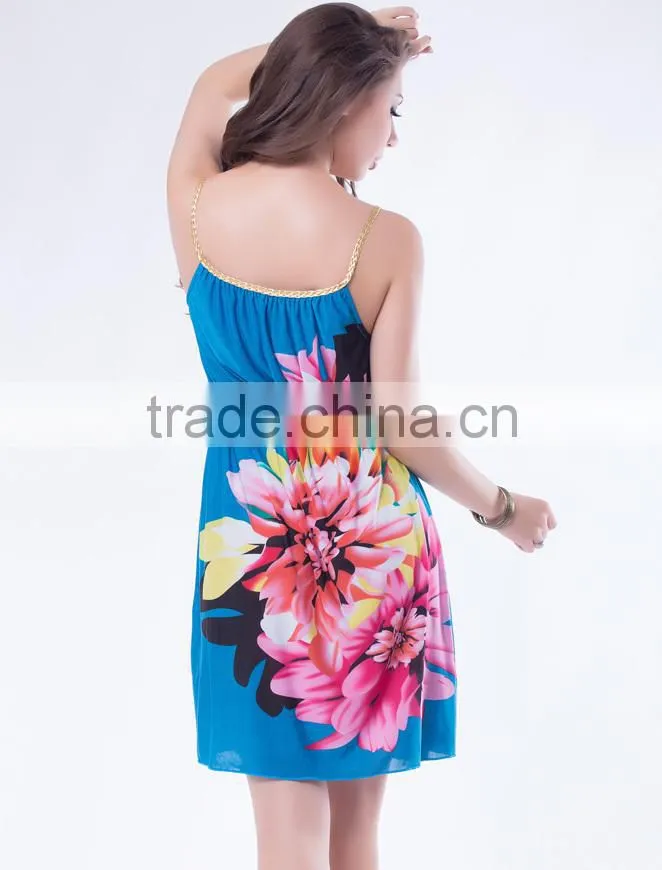 Latest fashion multi flowers panttern sexy ladies summer dress 2015
