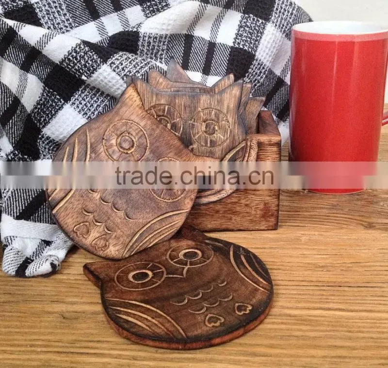 High Quality Wooden Owl Shape Coaster Set with Holder Wooden Travit Set Custom Animal Shape Plant Shape Coaster CNC Cup Mat