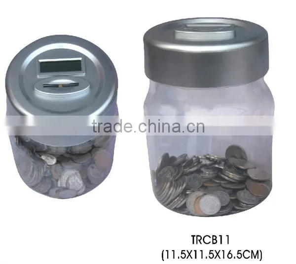 Transparent tin shape plastic digital coin counting money jar/money bank