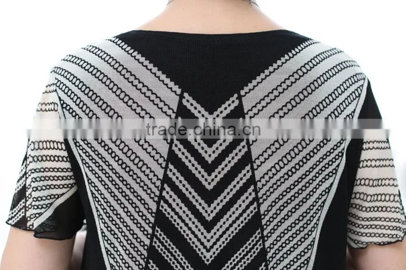 Middle aged ladies elegant beaded black and white printed short sleeve lace blouses
