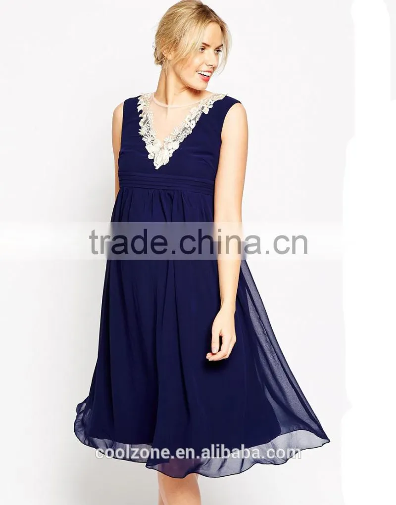 2015 Fashion sleeveless embrodiery neck chiffon dress for maternity clothes