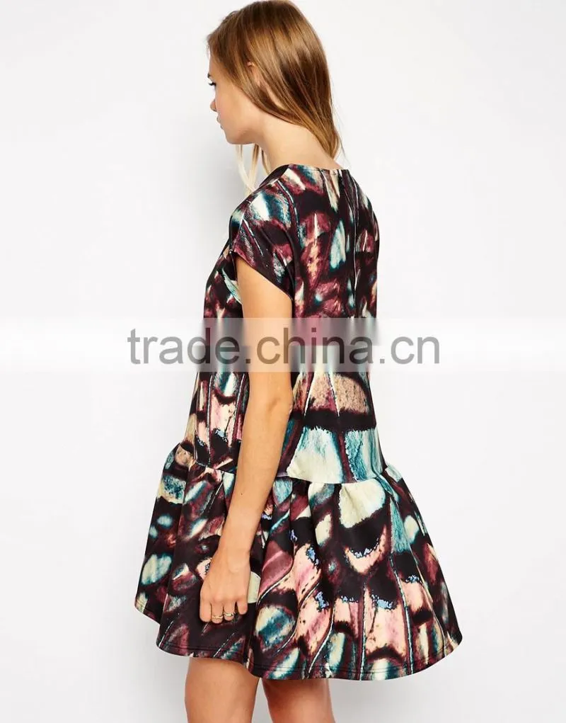 Bonded T-Shirt Shift Dress with Peplum Hem in Wing Print
