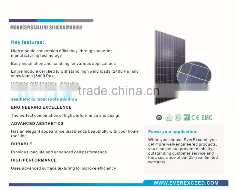 EverExceed High Quality Polycrystalline 300w Solar Panel made of Grade A solar cell with TUV/VDE/CE/IEC certificates