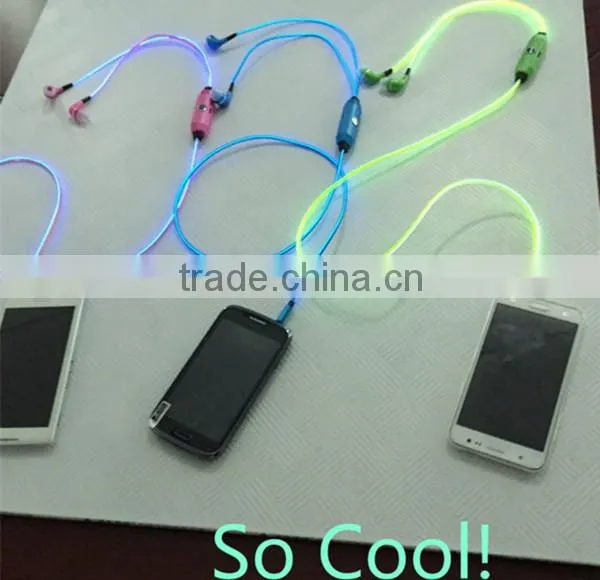 whosale EL wire earphones for smartphones pink yellow ice blue in-ear style earphone luminescent rhythm with beat of music