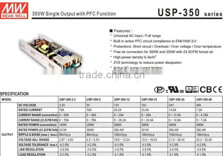 Meanwell 350W with PFC Function 48v switching power supply/350W 48V U-Bracket power supply/48v U Bracket power supply