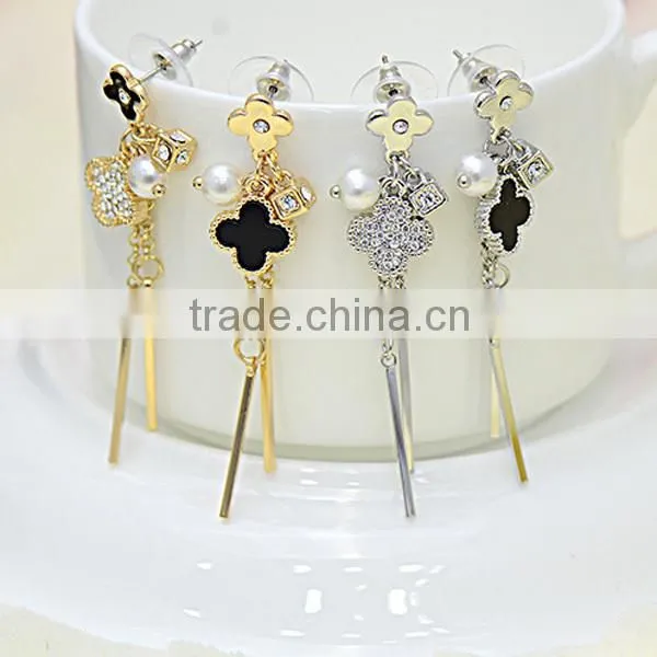 long tassel hanging mounting fake pearl and diamond earrings