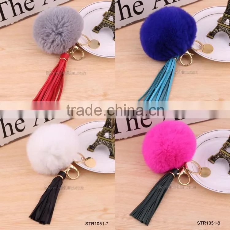 Custom Logo Genuine Leather Tassel Rabbit Fur Key Chain Pom Pom Fur Keychain