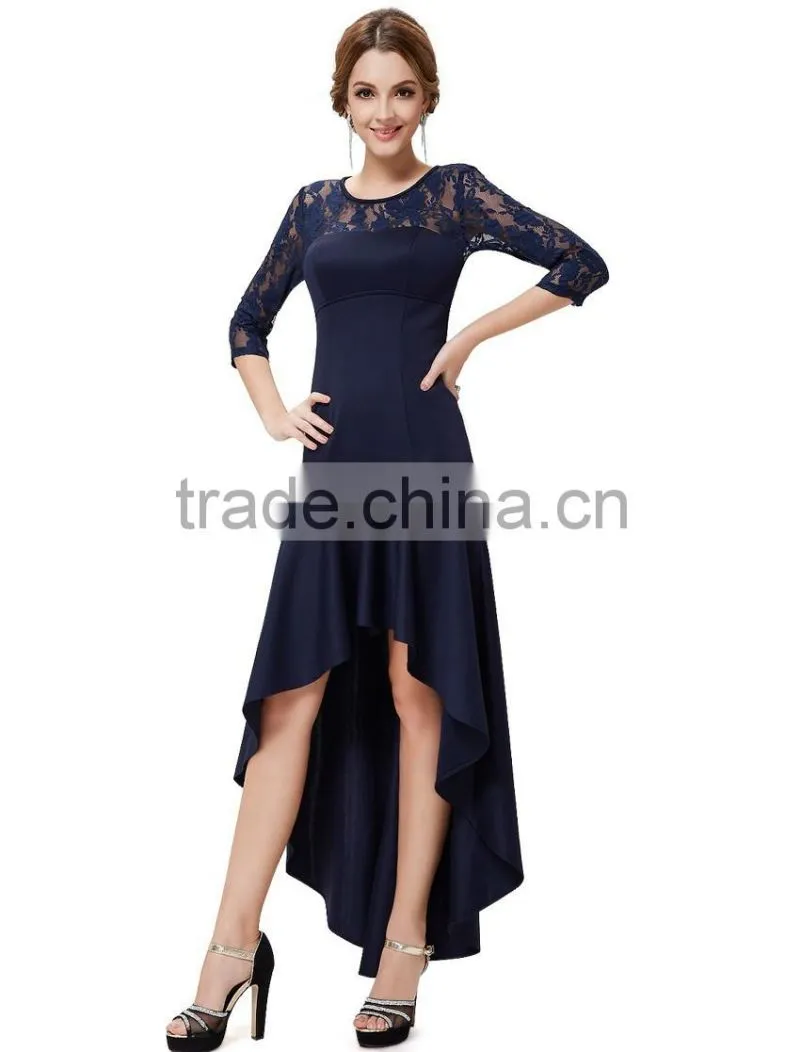 Woman new fashion design long prom dress europe style, 3/4 lace sleeve and high-low hemline see-through free prom dresses