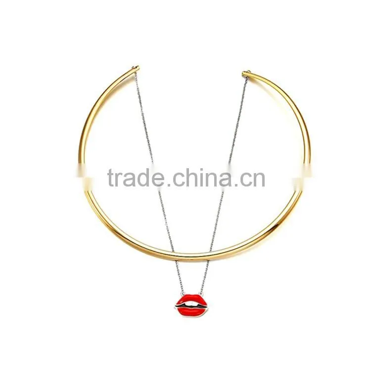 2016 Fashion Women Punk Necklaces Charm Party Gold Plated Red Lip Necklace Choker Collar Necklace