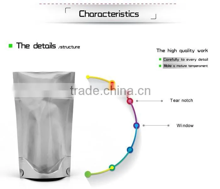 Top quality food Industrial Use CMYK printed plastic resealable aluminum foil packaging bag for food