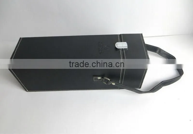 Customized wooden PU leather black wine box with handle packaging wholesale