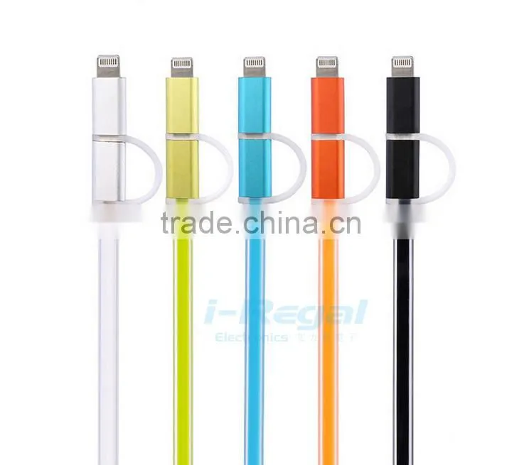 Colorful Aluminium 2 in 1 micro usb data cable for samsung and Android phones, led usb cable