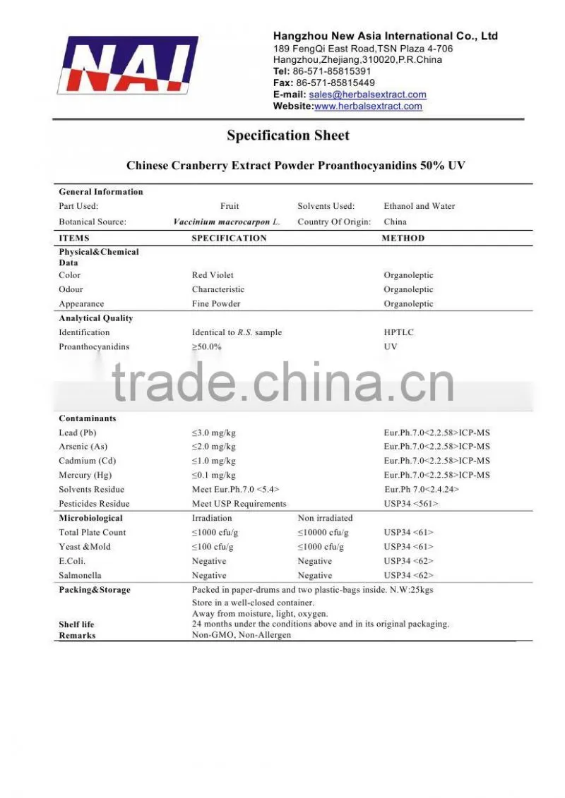 American Cranberry Extract,U.S.A Origin,100% ID Vaccinum Macrocarpon,Proanthocyanidins 5%-15% BL-DMAC;25%-95% UV EP Method