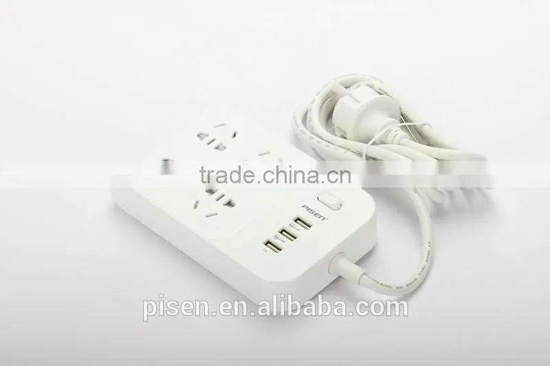 Pisen 1.8m 6ft Cable One Switch Child Protection Pasteable Euro Plug 4 Outles Smart Power Strip With 1A 2.4A 2.4A USB Charger