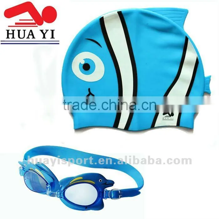 Swim sport kid 100% waterproof silicone swim cap funny cartoon shaped swim goggles