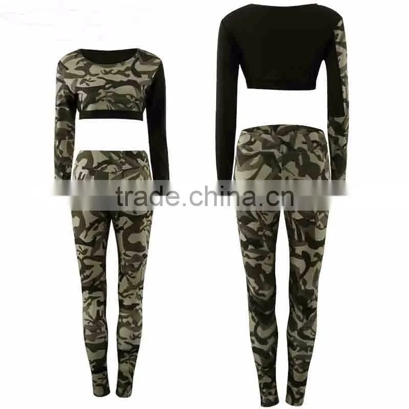 Cheap Wholesale Designer Fitness Camouflage Printed Tracksuit 2 Pieces Short Tops Long Bodycon Pants Sexy Casual Women's Set