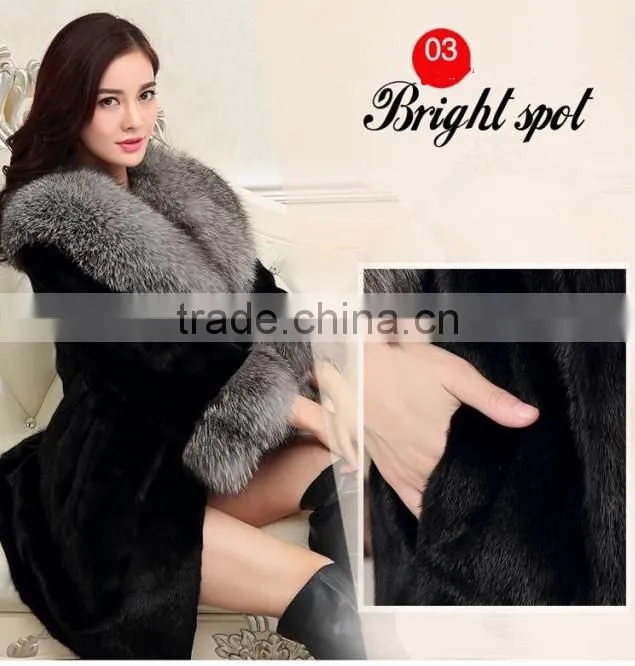 hotest style ladies' long imitation mink fur overcoat with silver fox fur collar
