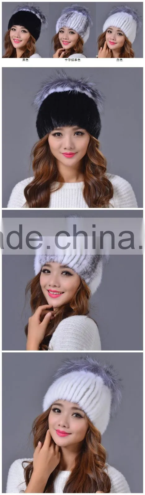 100% Real Knitted Mink Fur Hat With Large Silver Fox Fur Pom Poms Beanies Elegant Women Natural Fur cap