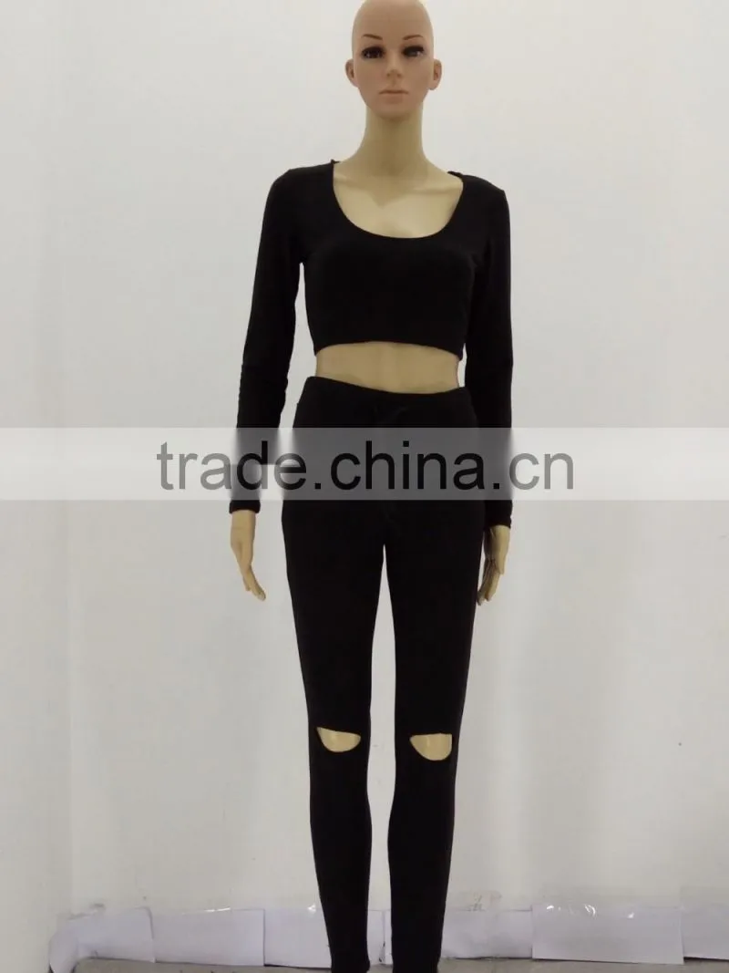 2016 New Women's Hole Crop Top Hoodie Set ,Christmas sweater ,2Pcs Plain Tracksuit Woman Active Hoodies Sweatshirt Tracksuits
