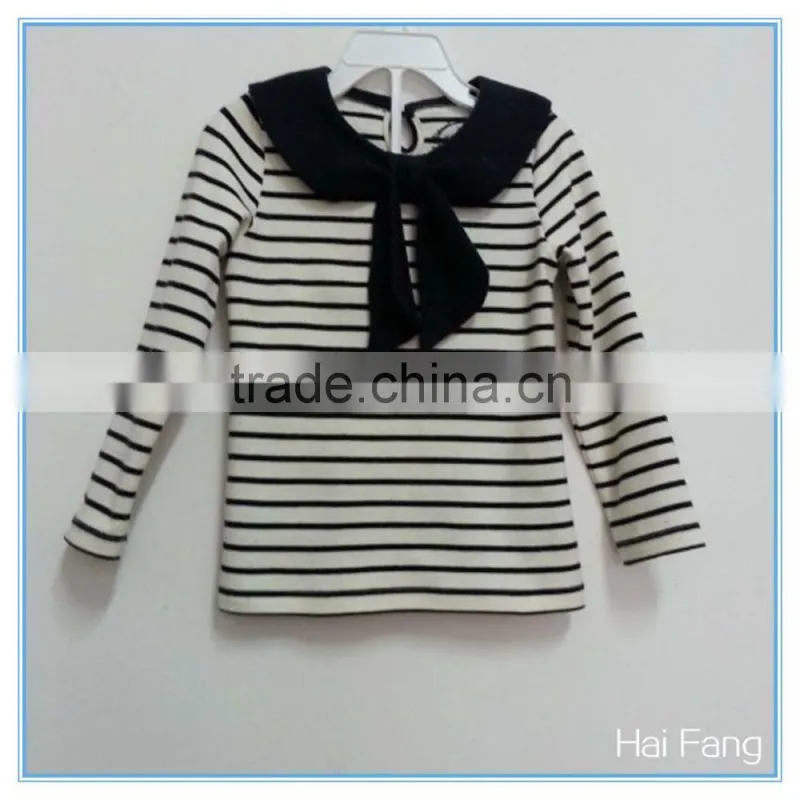 OEM Custom Children Girls Long Sleeve T Shirt, Cotton Bowknot Round Collar T Shirt, Stripe T Shirt