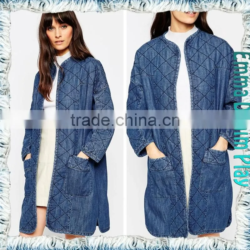 2017 New Designer Women's Diamand Embroidery Winter Long Cotton Denim Bomber Coats