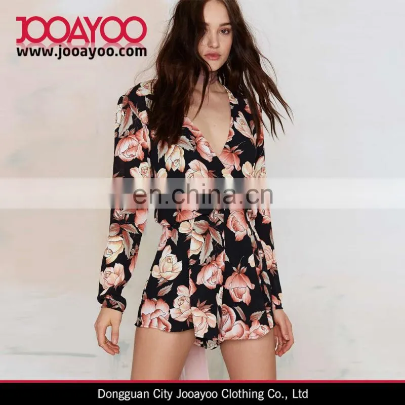 Women Floral Print Romper Suits Long Sleeve Rose Print Jumpsuit short