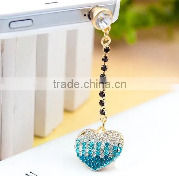 2013 bling heart dust plugs, colorful dust plugs for mobile phones