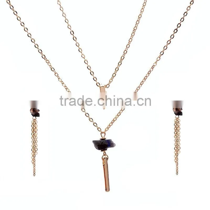 Fashion Gold Jewelry Chain Layered Gemstone Pendant Necklace Earring Set