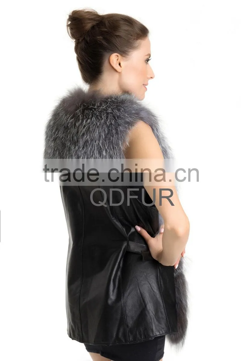 QD70700 Winter Women Natural V-neck Silver Fox and Sheep Skin Fur Vest in Adjustable Size
