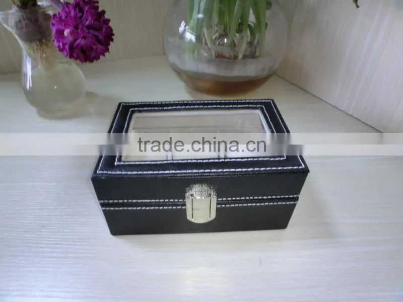 luxury black leather shadow window lid watch box gift box lint lock front black jewelry leather box
