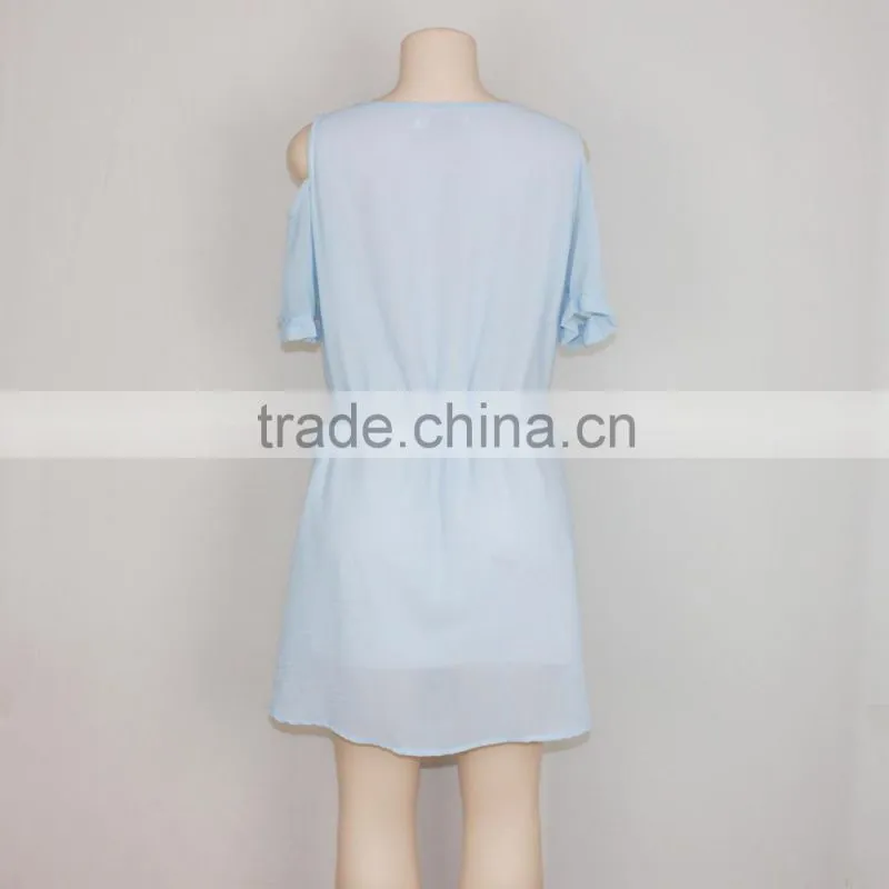 New Fashion Short Sleeve Women Sexy Blue Chiffon Dress Casual Dress 2016