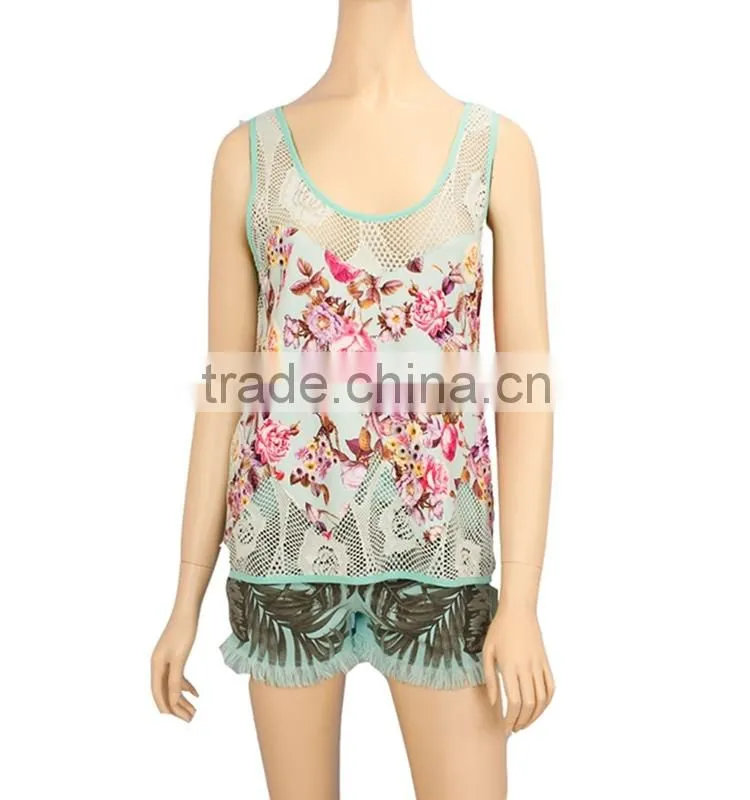 2015 Own design sleeveless sexy 95%Polyester 5%Spandex mesh front print women SUMMER tank top