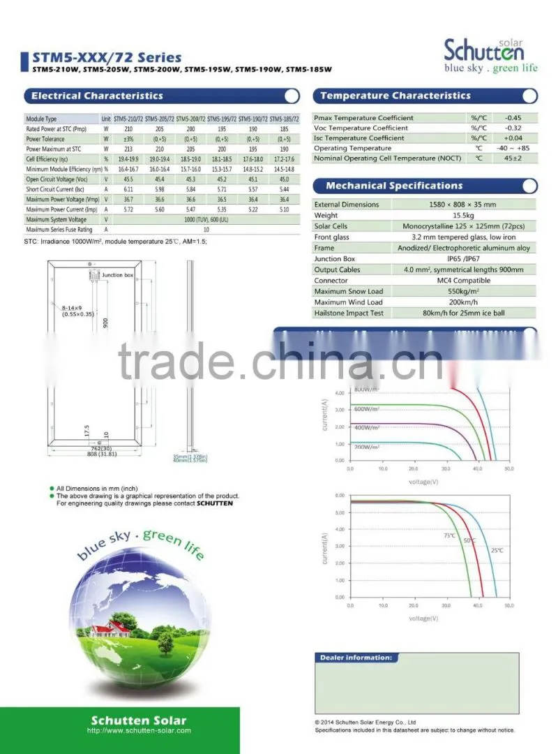 Top choice!MONO-crystalline Solar Panel / Solar Module 185W 190W 195W 200W 205W 210W With TUV/IEC Certification