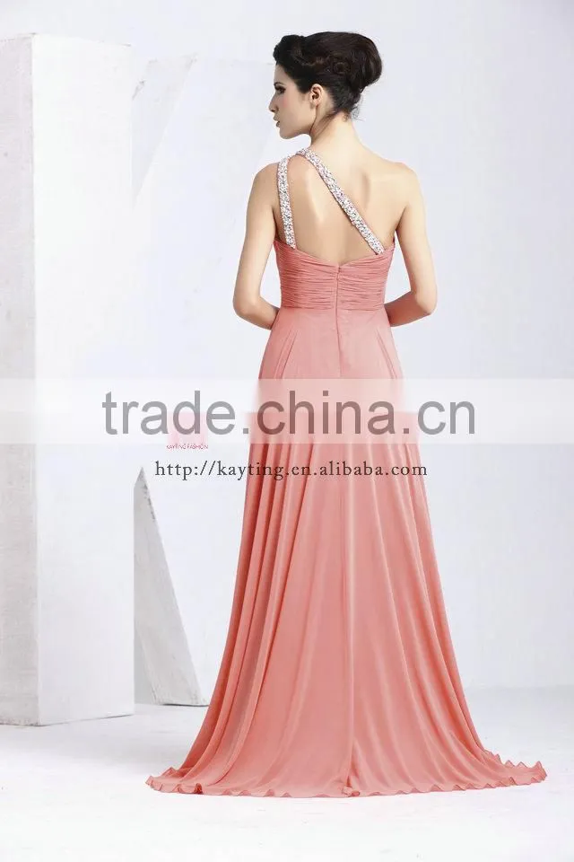 New one-shoulder ruffle and beaded long kaftan pink evening dress