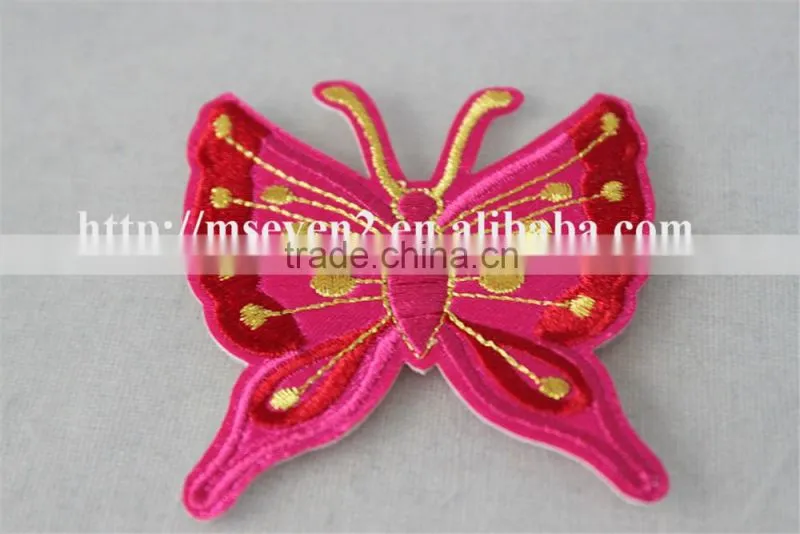 fancy design 7*8cm cotton embrodidery trim patch in pink butterfly design for garment