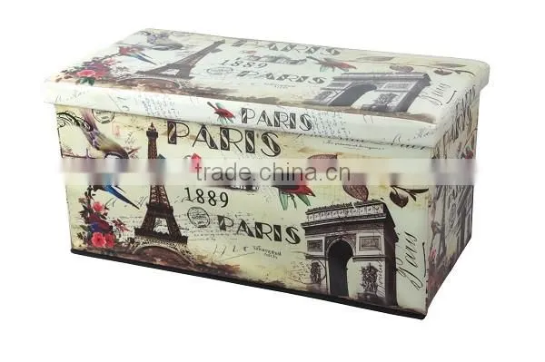 2016 Paris Print Rectangle Ottoman Faux Leather Storage Stool