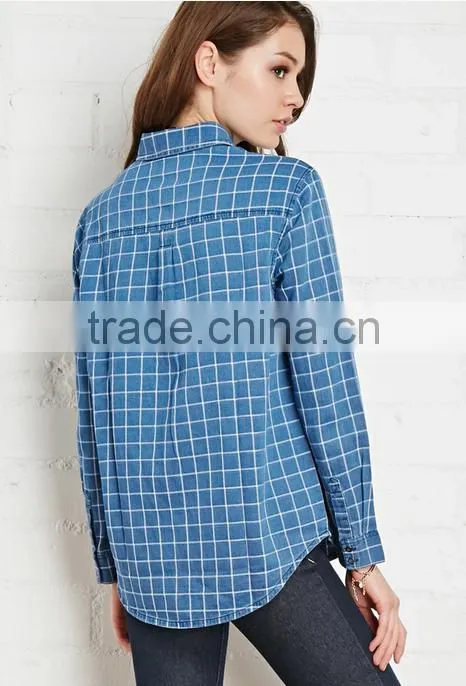 2015 custom women's blue plaid long sleeve 100% cotton flannel shirt