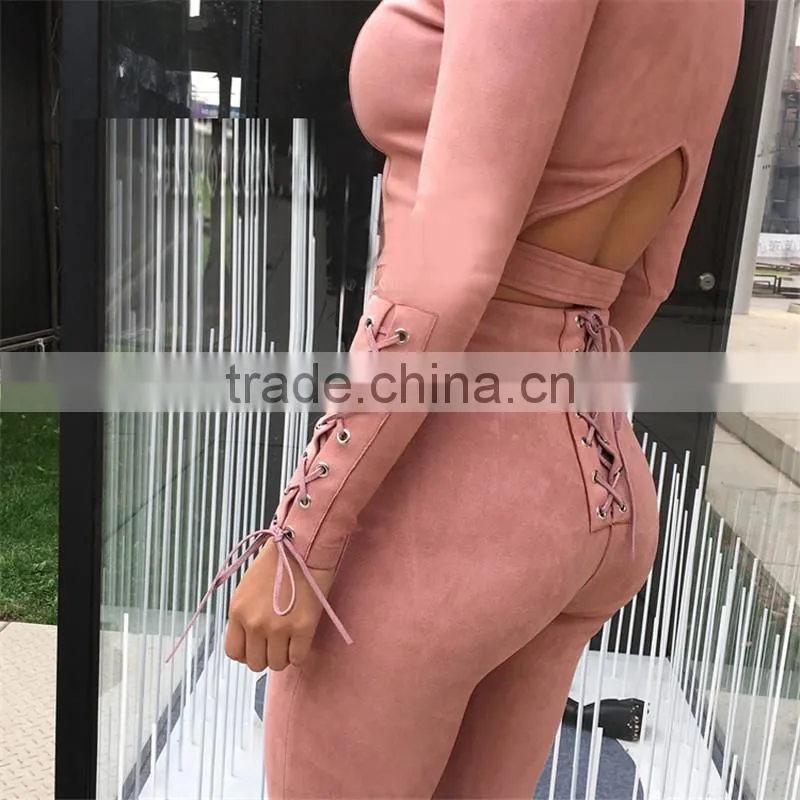 Runwaylover 074 New Style 2017 Ladies Fashion Two Piece Suits , Women Suede Crop Top And Tight Pants