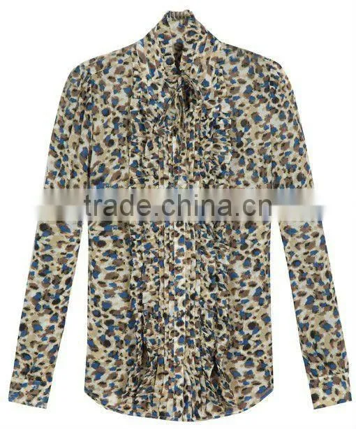 Design elegant women pleats blouse tops/chiffon blouses with drapes in front 2013 garments