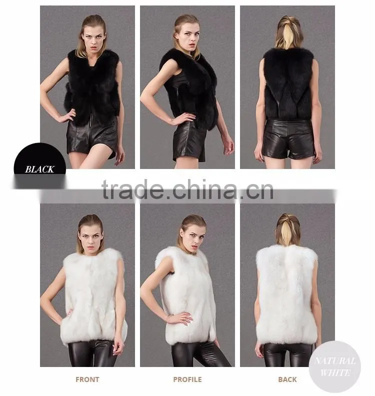 Beautiful black white color fur hand sewing long fur vest women real fox fur gillets