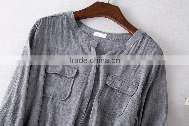 High quality Womens Long sleeveCotton and linen plain gray casual blouse