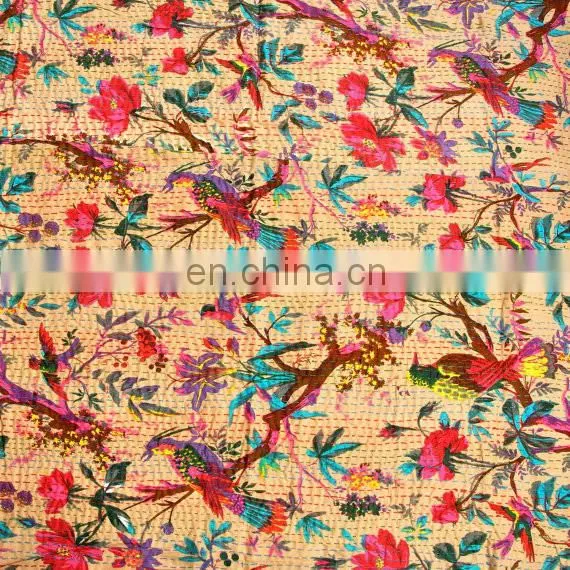 Bird Print Kantha Quilt Beige Bird of Paradise Kantha Bedcover