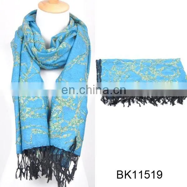 New blue with fringes wool scarves embroidered cashmere shawls