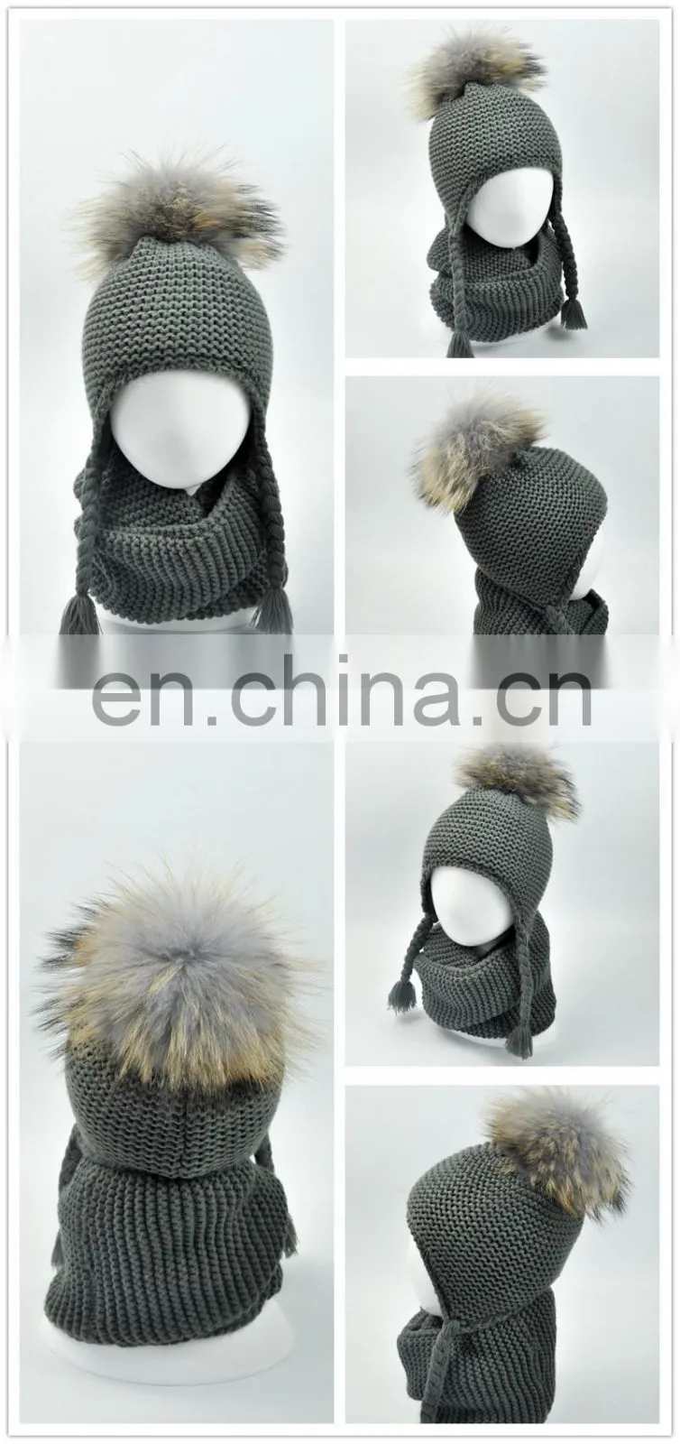 Kids Customized Design Wool Collar Raccoon Fur Pom Cashmere Knitted Hat and Scarf