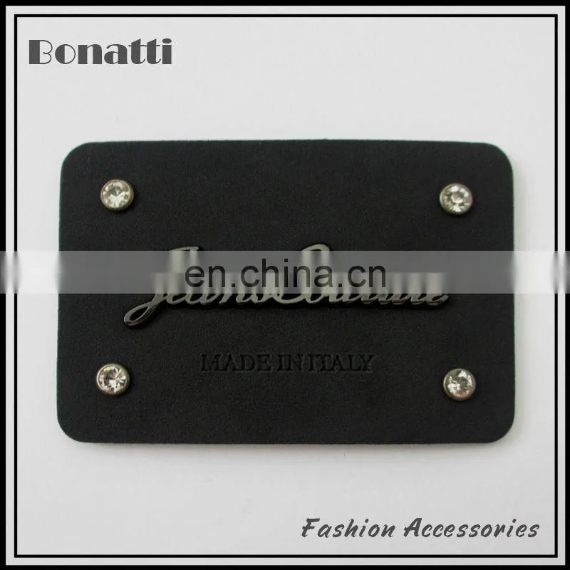 2013 fashion trendy pu leather labels with rhinestone metal labels